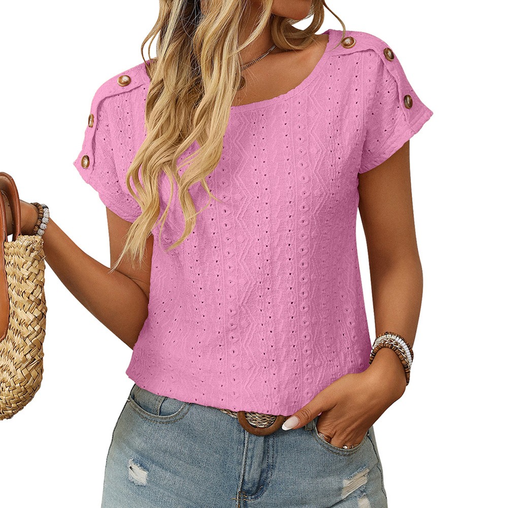 Comfortable Short Sleeve Top for Women with Button Features and Loose Fit - Picture 49 of 132