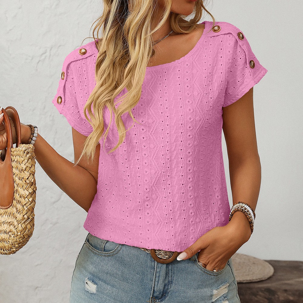 Comfortable Short Sleeve Top for Women with Button Features and Loose Fit - Picture 60 of 132