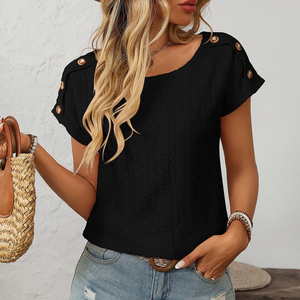 Comfortable Short Sleeve Top for Women with Button Features and Loose Fit - Picture 45 of 132