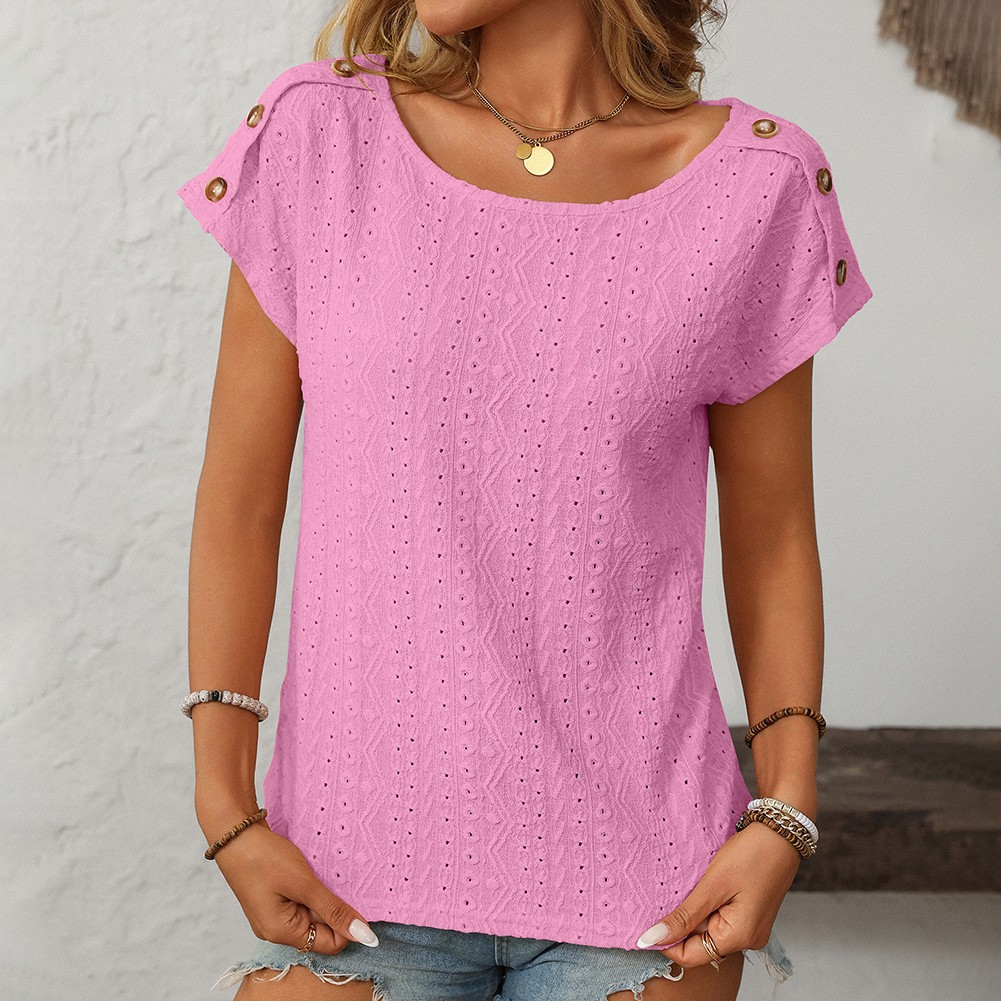 Comfortable Short Sleeve Top for Women with Button Features and Loose Fit - Picture 58 of 132