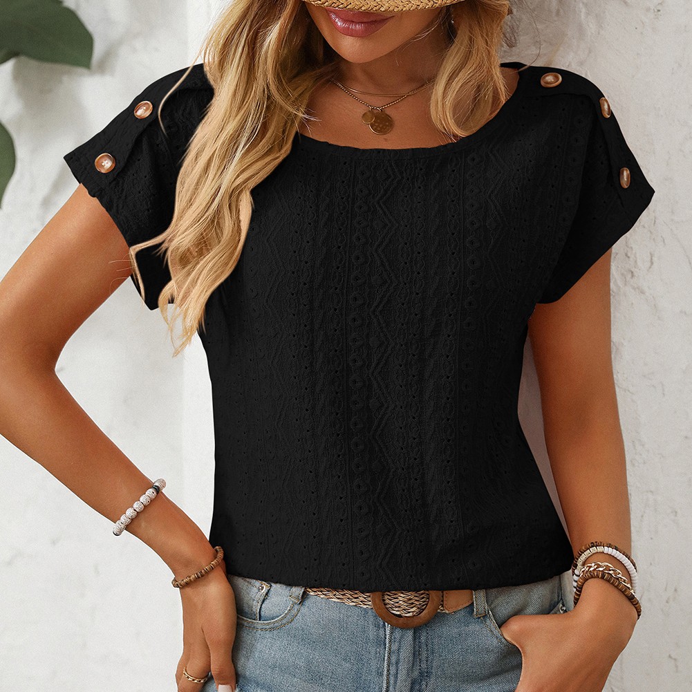 Comfortable Short Sleeve Top for Women with Button Features and Loose Fit - Picture 48 of 132