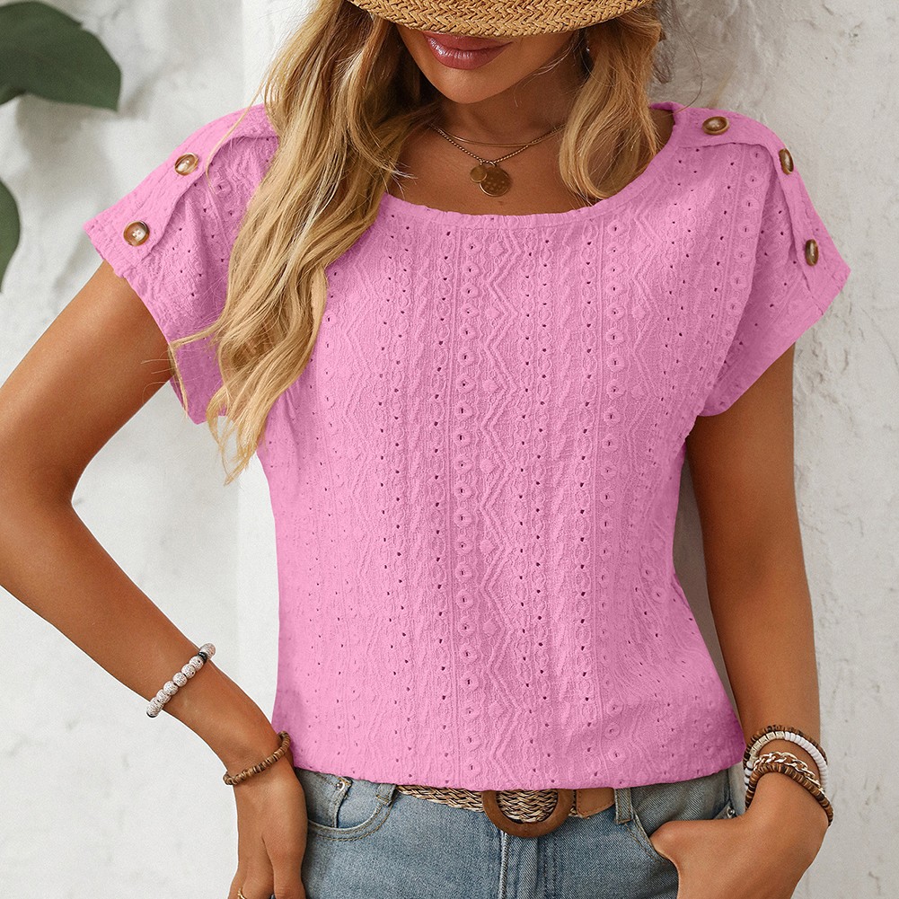 Comfortable Short Sleeve Top for Women with Button Features and Loose Fit - Picture 50 of 132