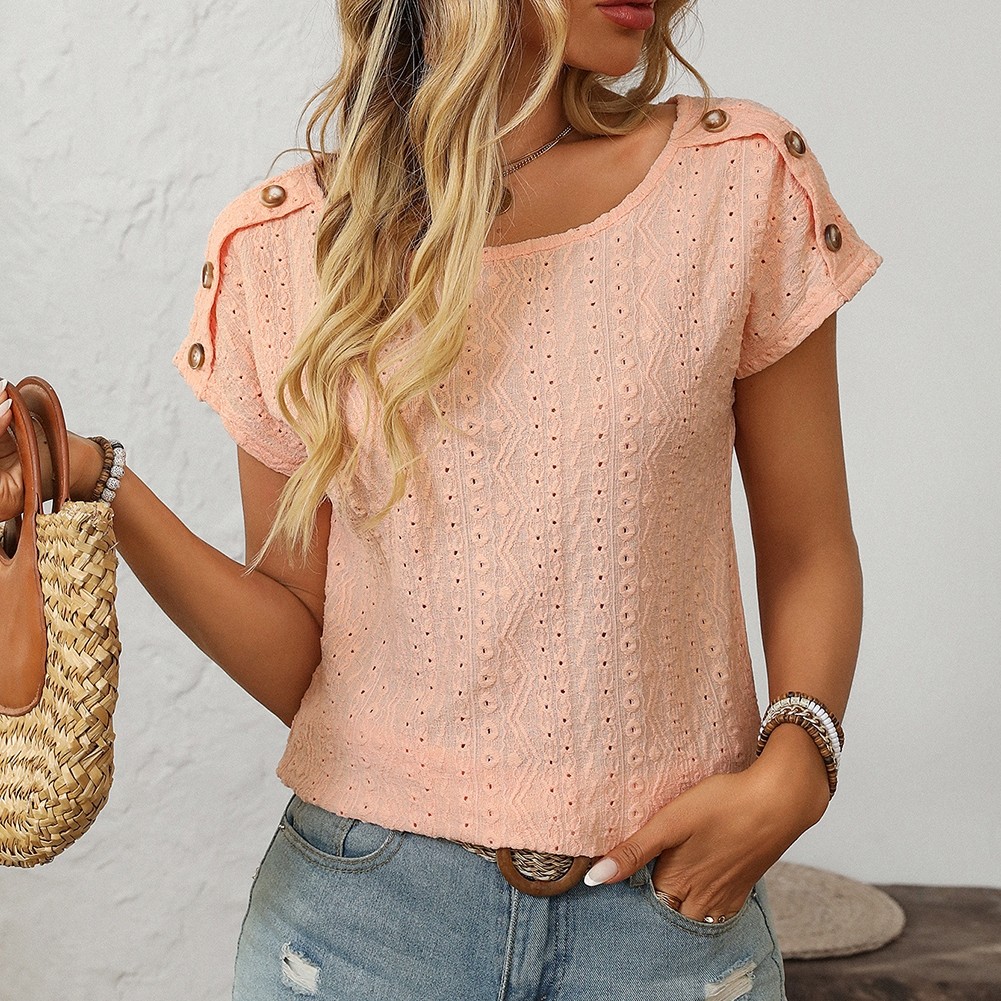 Comfortable Short Sleeve Top for Women with Button Features and Loose Fit - Picture 132 of 132