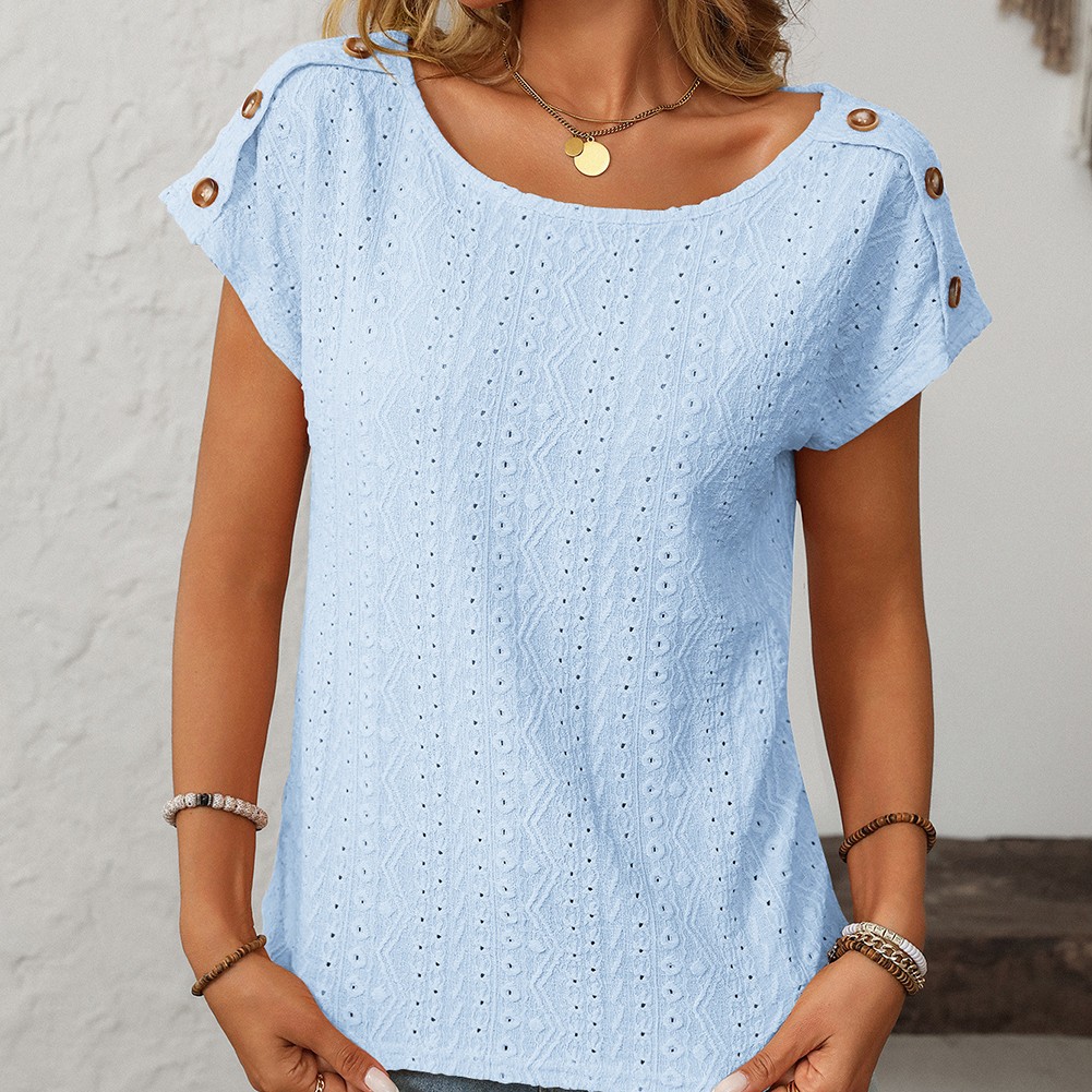 Comfortable Short Sleeve Top for Women with Button Features and Loose Fit - Picture 105 of 132