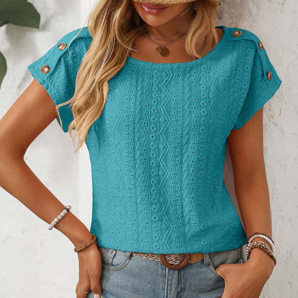 Comfortable Short Sleeve Top for Women with Button Features and Loose Fit - Picture 117 of 132