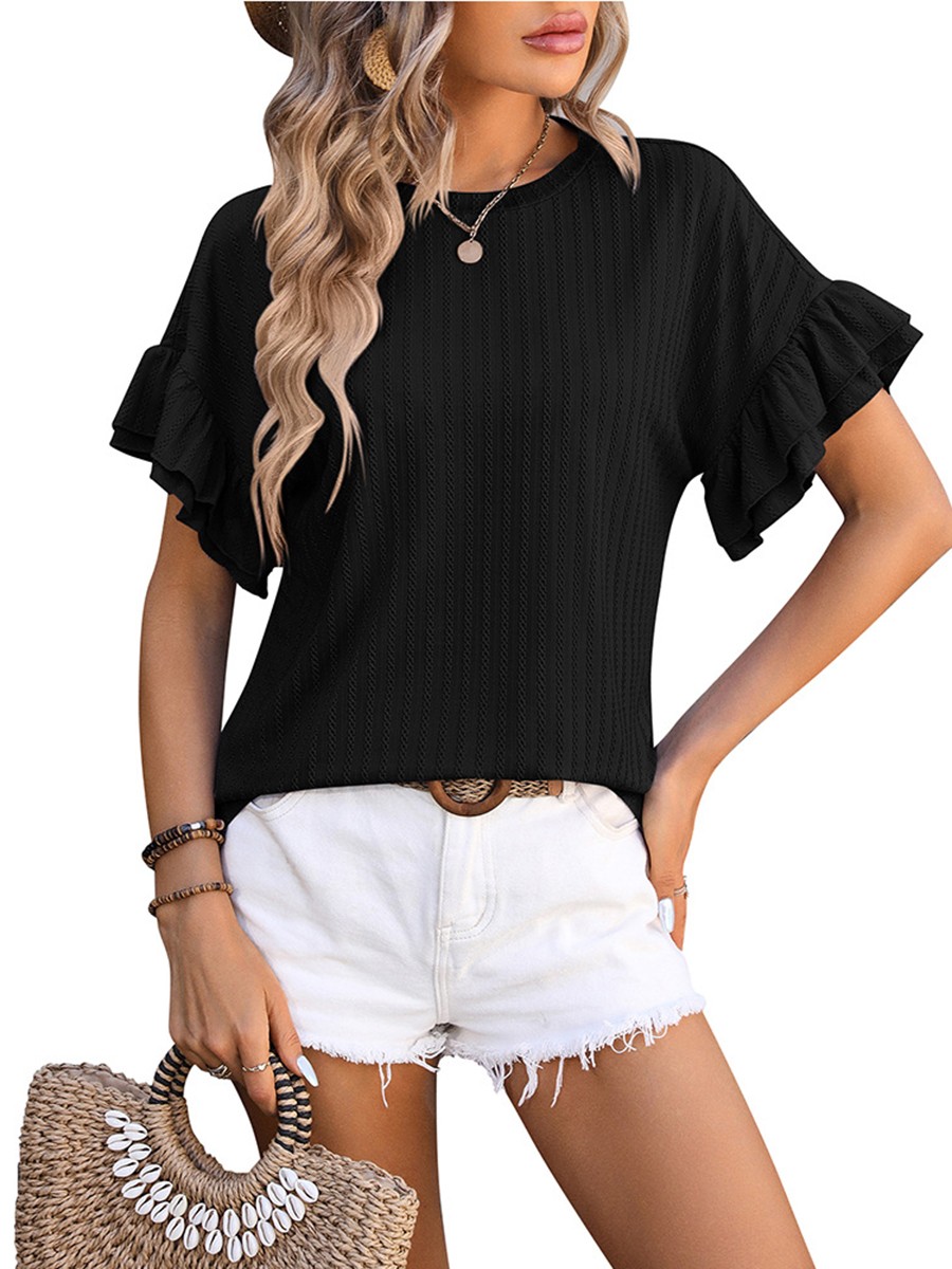 Elegant Women's Round Neck TShirt with Flutter Sleeves in Solid Shades - Picture 59 of 76