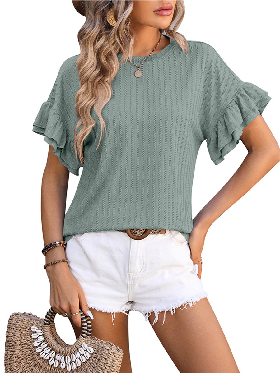 Elegant Women's Round Neck TShirt with Flutter Sleeves in Solid Shades - Picture 47 of 76