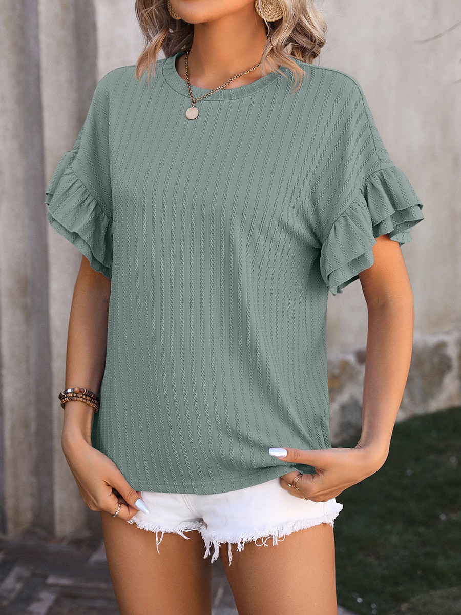 Elegant Women's Round Neck TShirt with Flutter Sleeves in Solid Shades - Picture 48 of 76