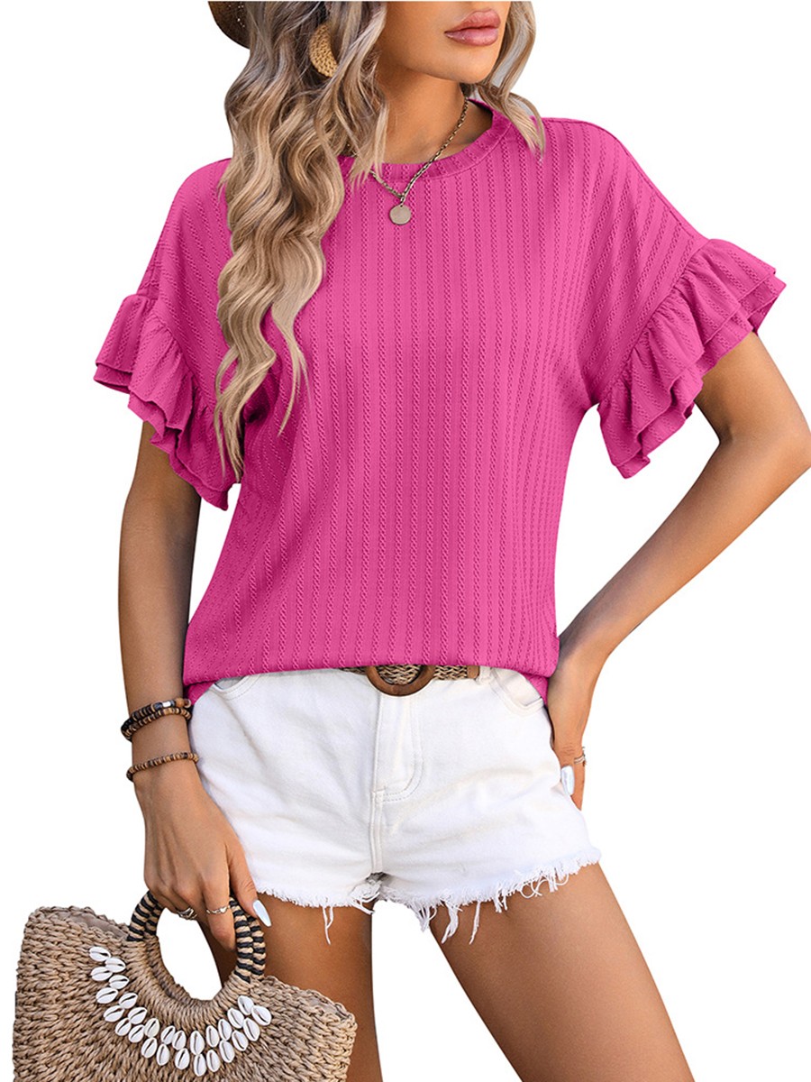 Elegant Women's Round Neck TShirt with Flutter Sleeves in Solid Shades - Picture 28 of 76