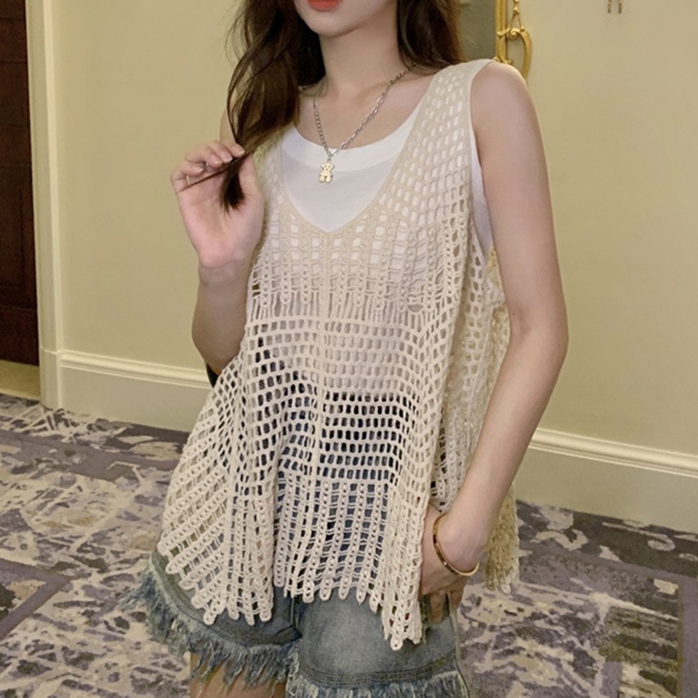 Sleeveless Knit Vest Women Summer Hollow Out Loose Fit Fashion Retro Tank Top - Picture 22 of 24