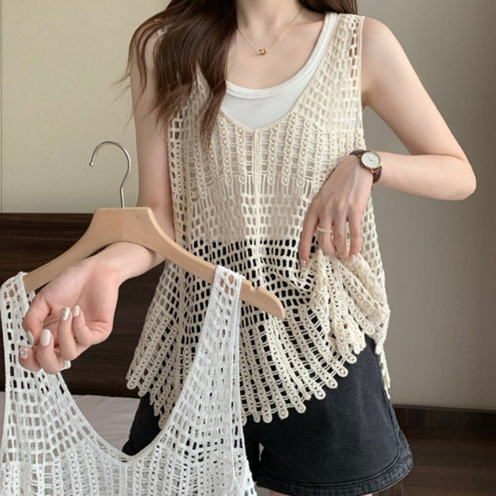 Sleeveless Knit Vest Women Summer Hollow Out Loose Fit Fashion Retro Tank Top - Picture 18 of 24