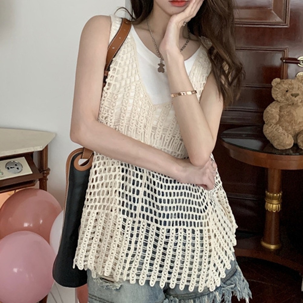Sleeveless Knit Vest Women Summer Hollow Out Loose Fit Fashion Retro Tank Top - Picture 21 of 24