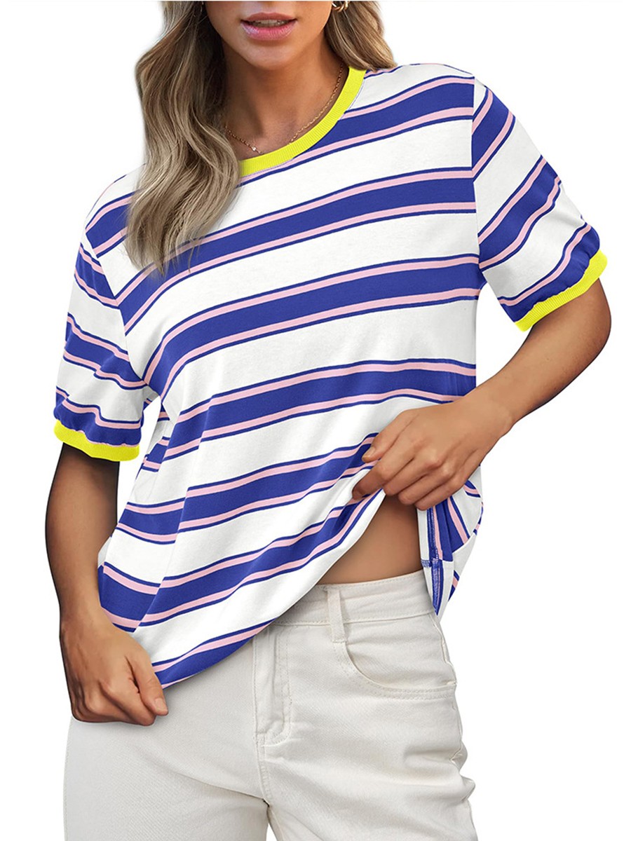 Damen gestreiftes T-Shirt mit kurzen Ärmeln und lockerem Design für den Alltag - Bild 51 von 68