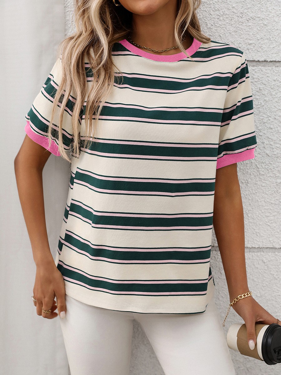 Damen gestreiftes T-Shirt mit kurzen Ärmeln und lockerem Design für den Alltag - Bild 28 von 68