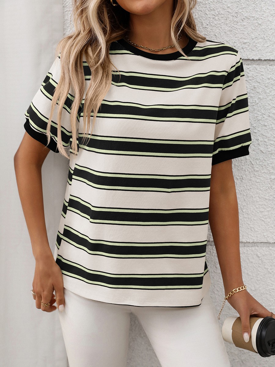 Damen gestreiftes T-Shirt mit kurzen Ärmeln und lockerem Design für den Alltag - Bild 40 von 68