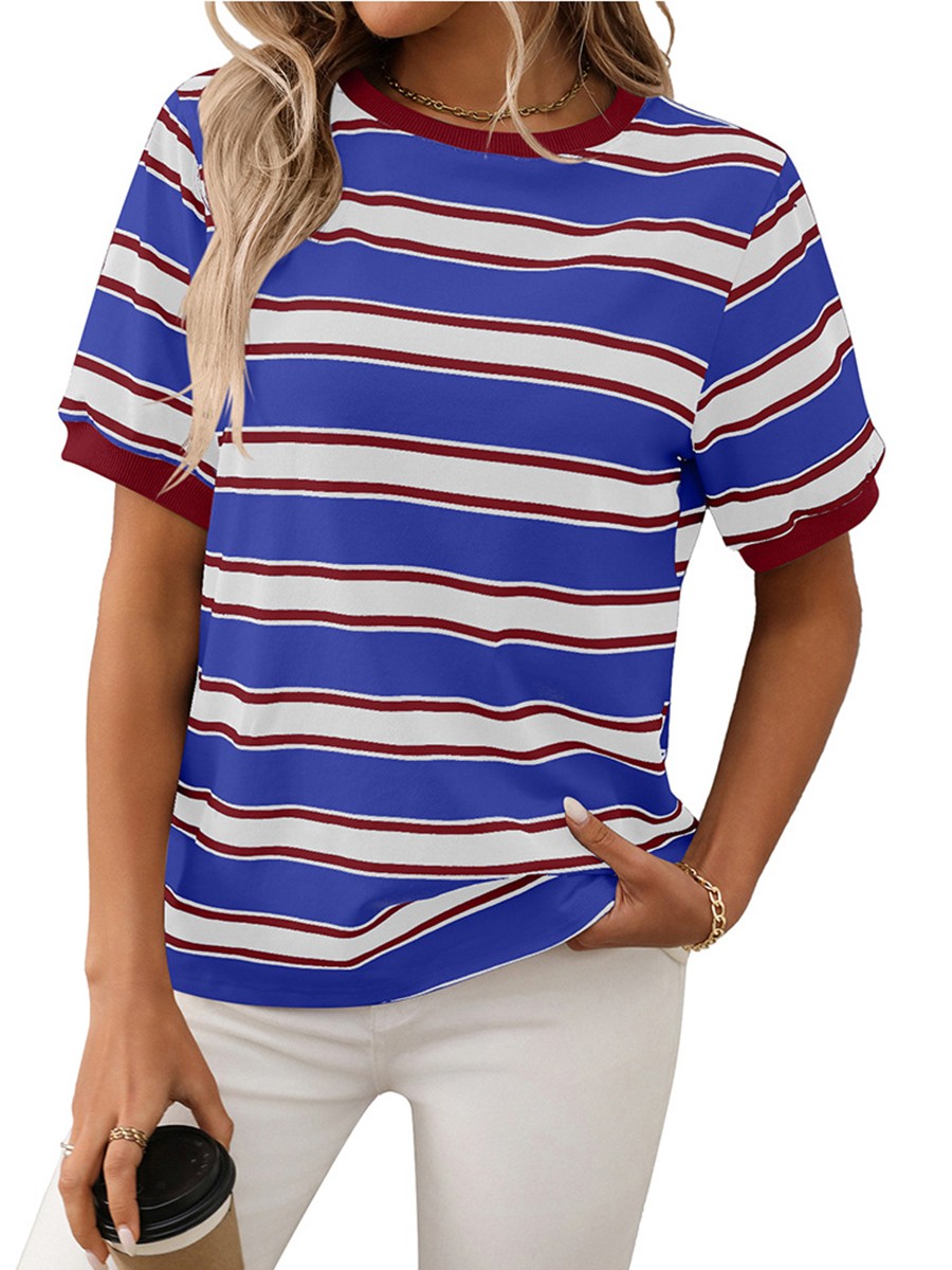 Damen gestreiftes T-Shirt mit kurzen Ärmeln und lockerem Design für den Alltag - Bild 62 von 68