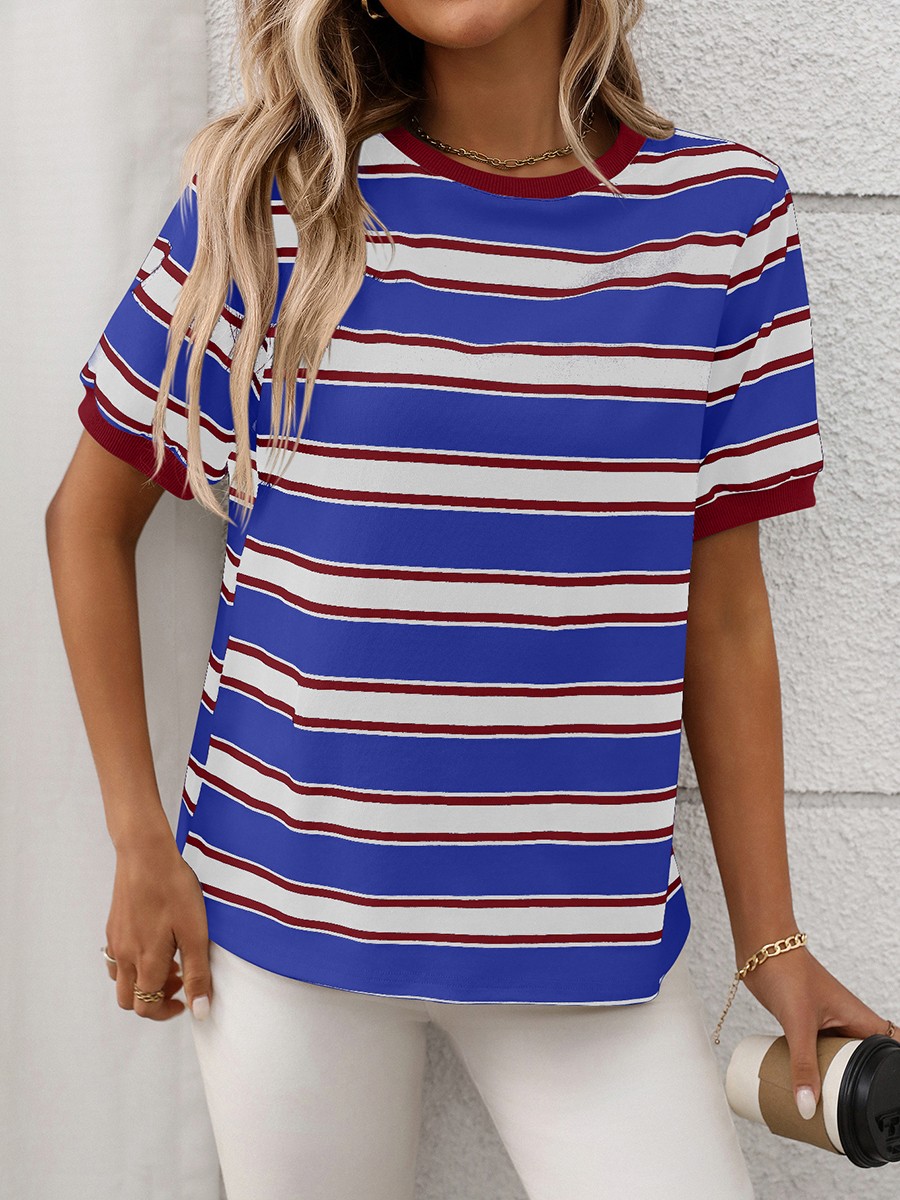 Damen gestreiftes T-Shirt mit kurzen Ärmeln und lockerem Design für den Alltag - Bild 63 von 68