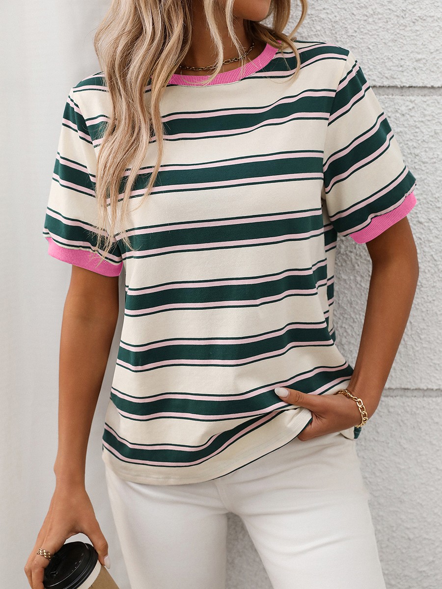 Damen gestreiftes T-Shirt mit kurzen Ärmeln und lockerem Design für den Alltag - Bild 29 von 68