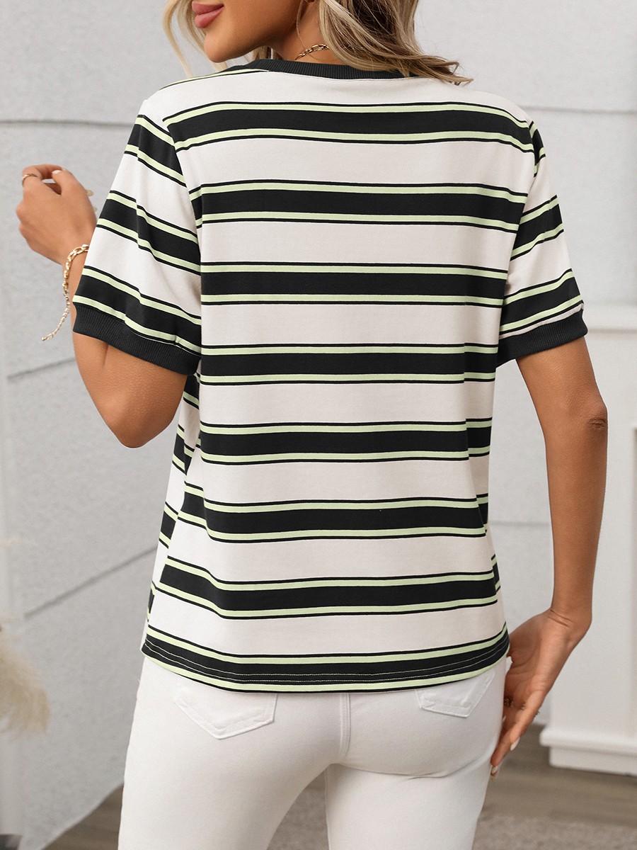 Damen gestreiftes T-Shirt mit kurzen Ärmeln und lockerem Design für den Alltag - Bild 38 von 68