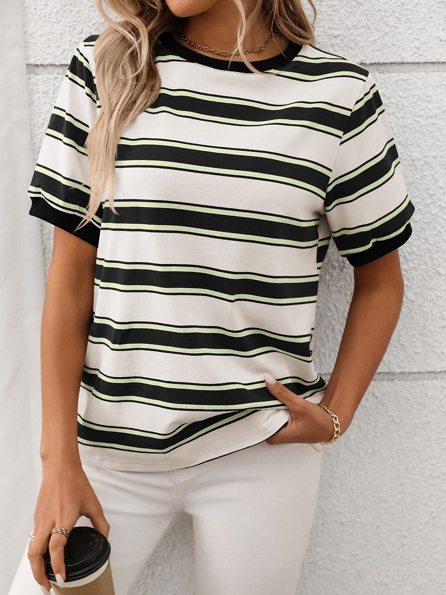 Damen gestreiftes T-Shirt mit kurzen Ärmeln und lockerem Design für den Alltag - Bild 41 von 68