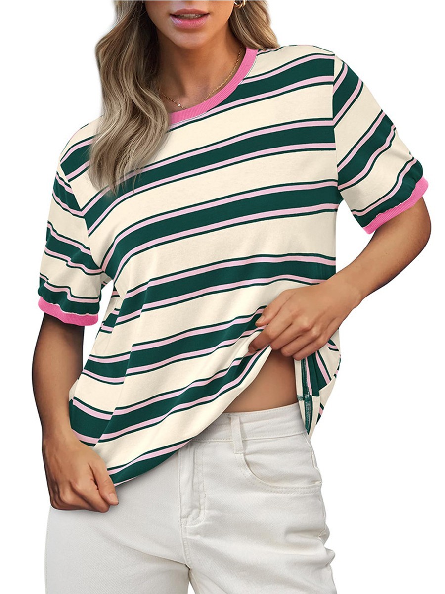Damen gestreiftes T-Shirt mit kurzen Ärmeln und lockerem Design für den Alltag - Bild 25 von 68