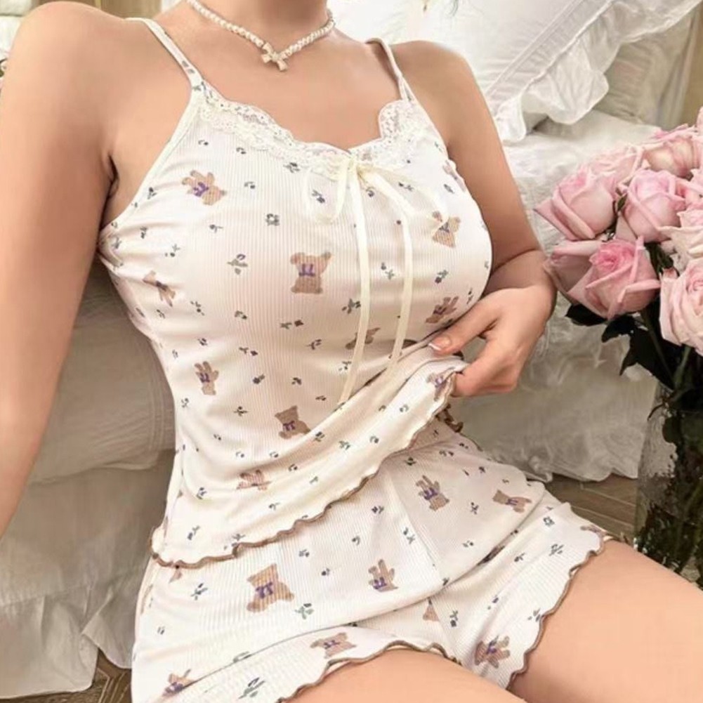 Casual Home Wear Women's Pajama Set Featuring Lace Camisole and Shorts - Picture 9 of 10