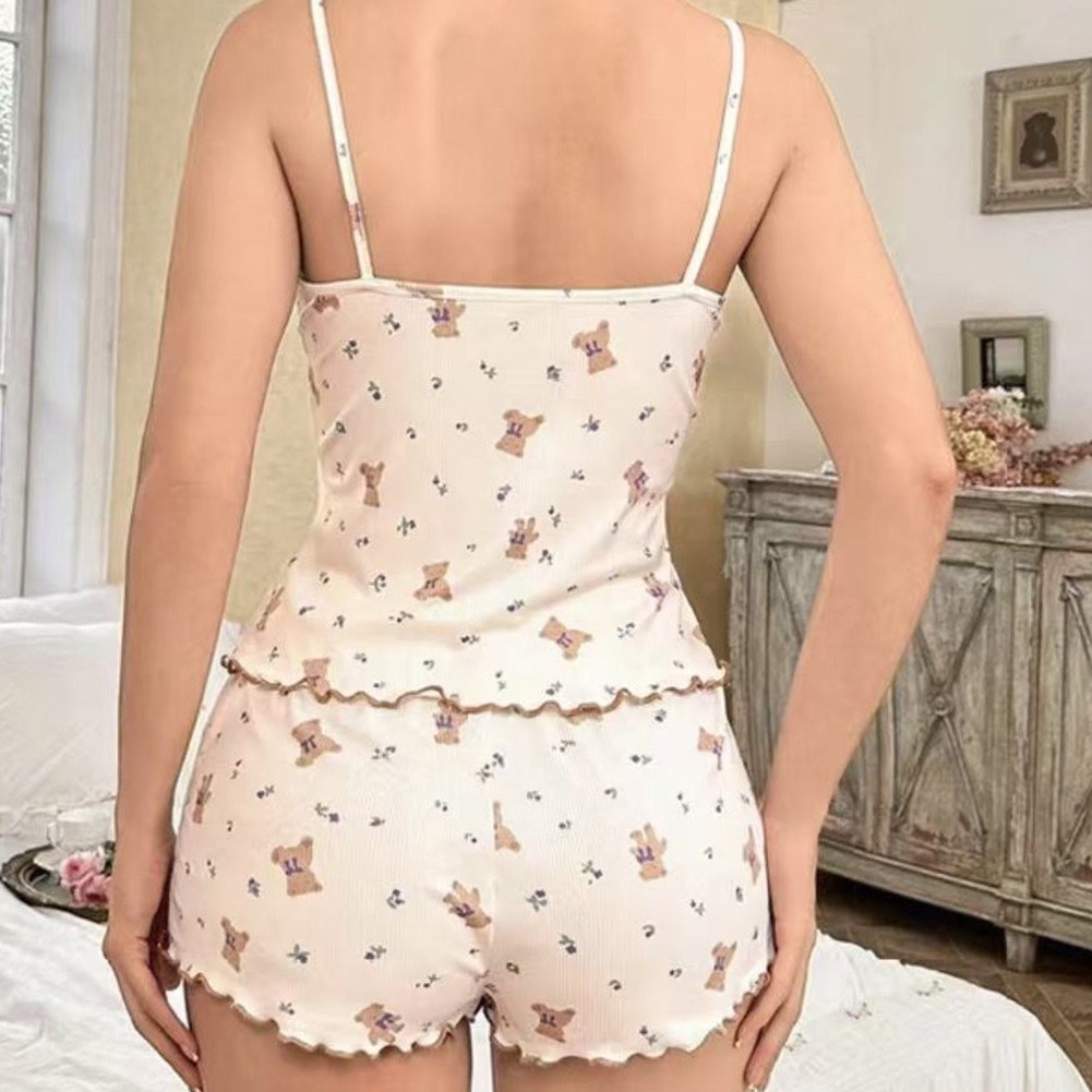 Casual Home Wear Women's Pajama Set Featuring Lace Camisole and Shorts - Picture 10 of 10