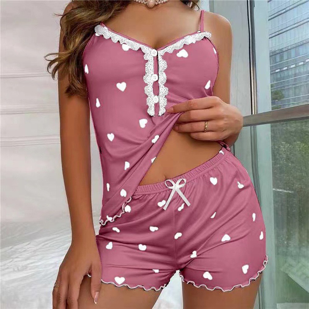 Casual Heart Print Camisole and Shorts Pajama Set for Womens Everyday Use