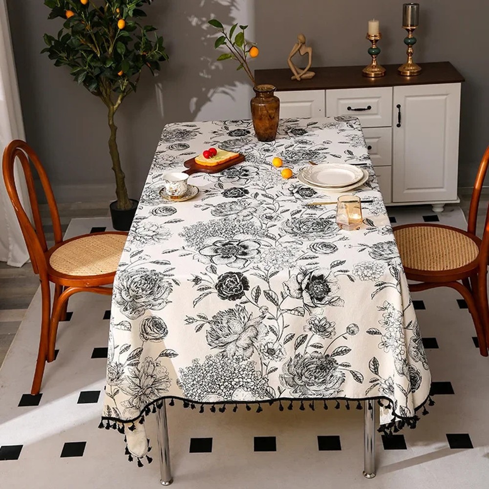 Unique Cotton Linen Tablecloth with Tassels and Floral Print for Dining - Picture 17 of 23
