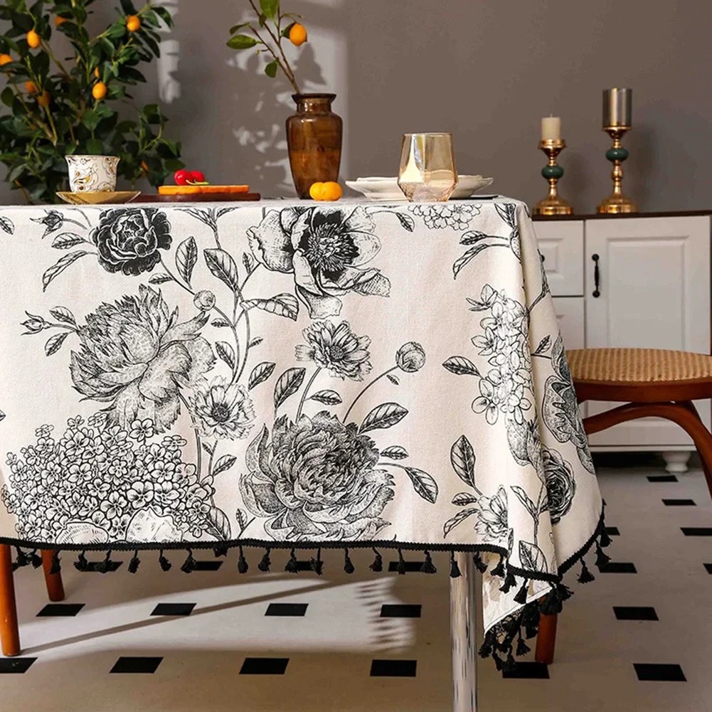 Unique Cotton Linen Tablecloth with Tassels and Floral Print for Dining - Picture 15 of 23