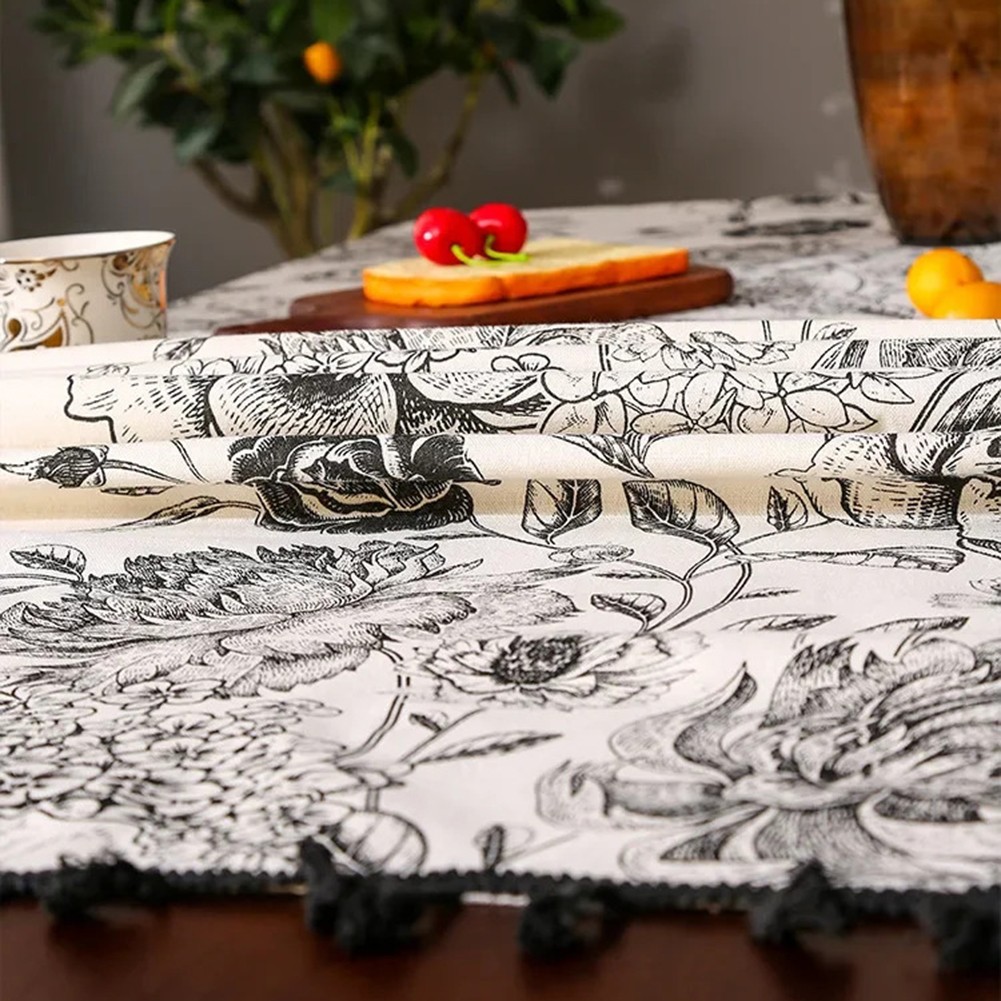 Unique Cotton Linen Tablecloth with Tassels and Floral Print for Dining - Picture 16 of 23