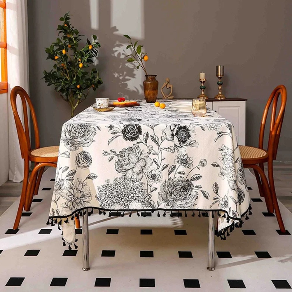 Unique Cotton Linen Tablecloth with Tassels and Floral Print for Dining - Picture 14 of 23