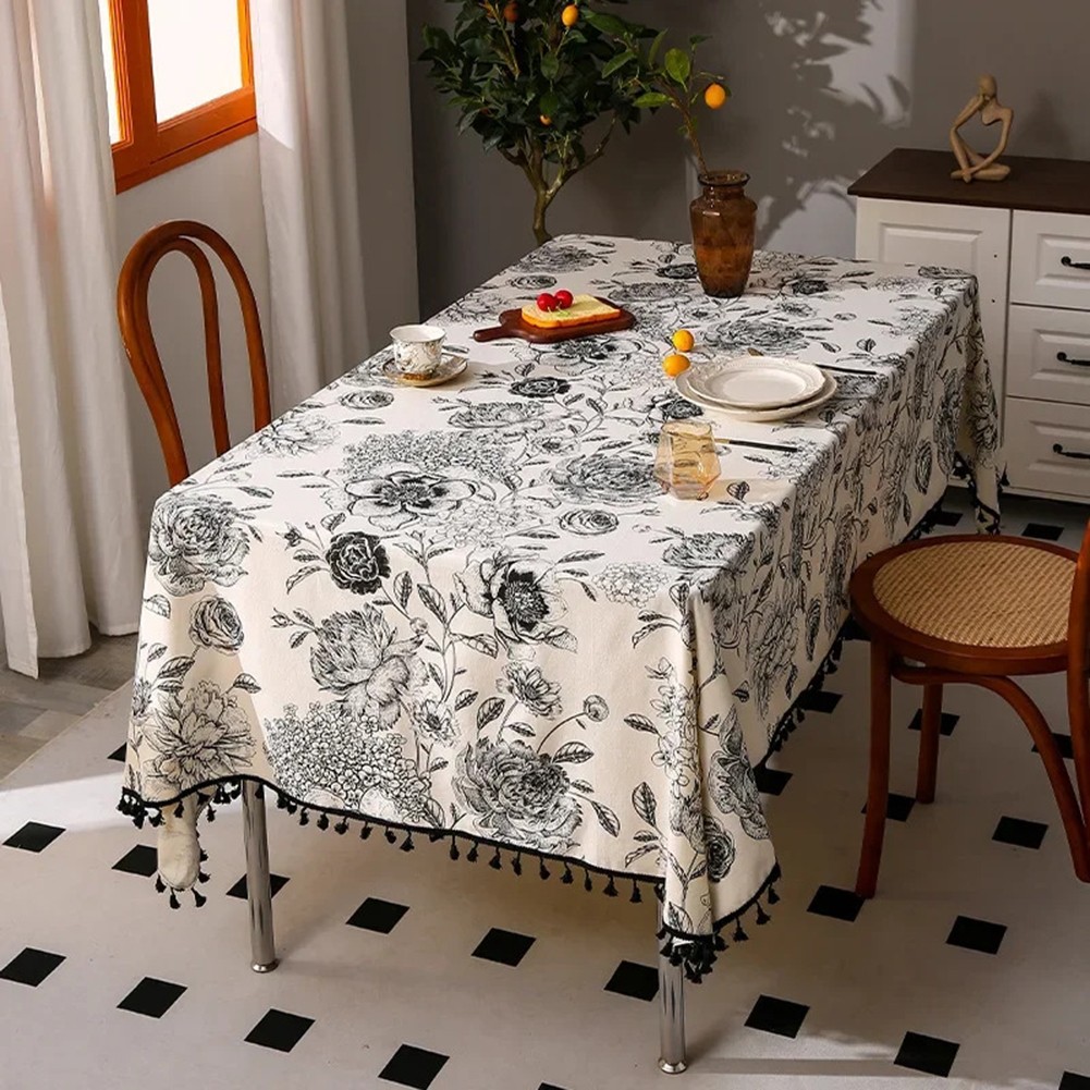 Unique Cotton Linen Tablecloth with Tassels and Floral Print for Dining - Picture 13 of 23
