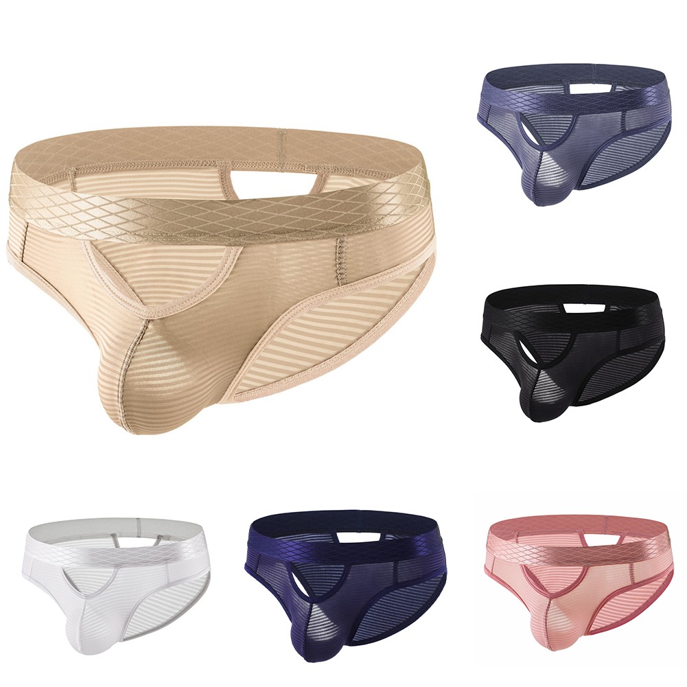 Mens Stripes Breathable Low Waist Underpants Sexy Hollow Out Mesh Briefs