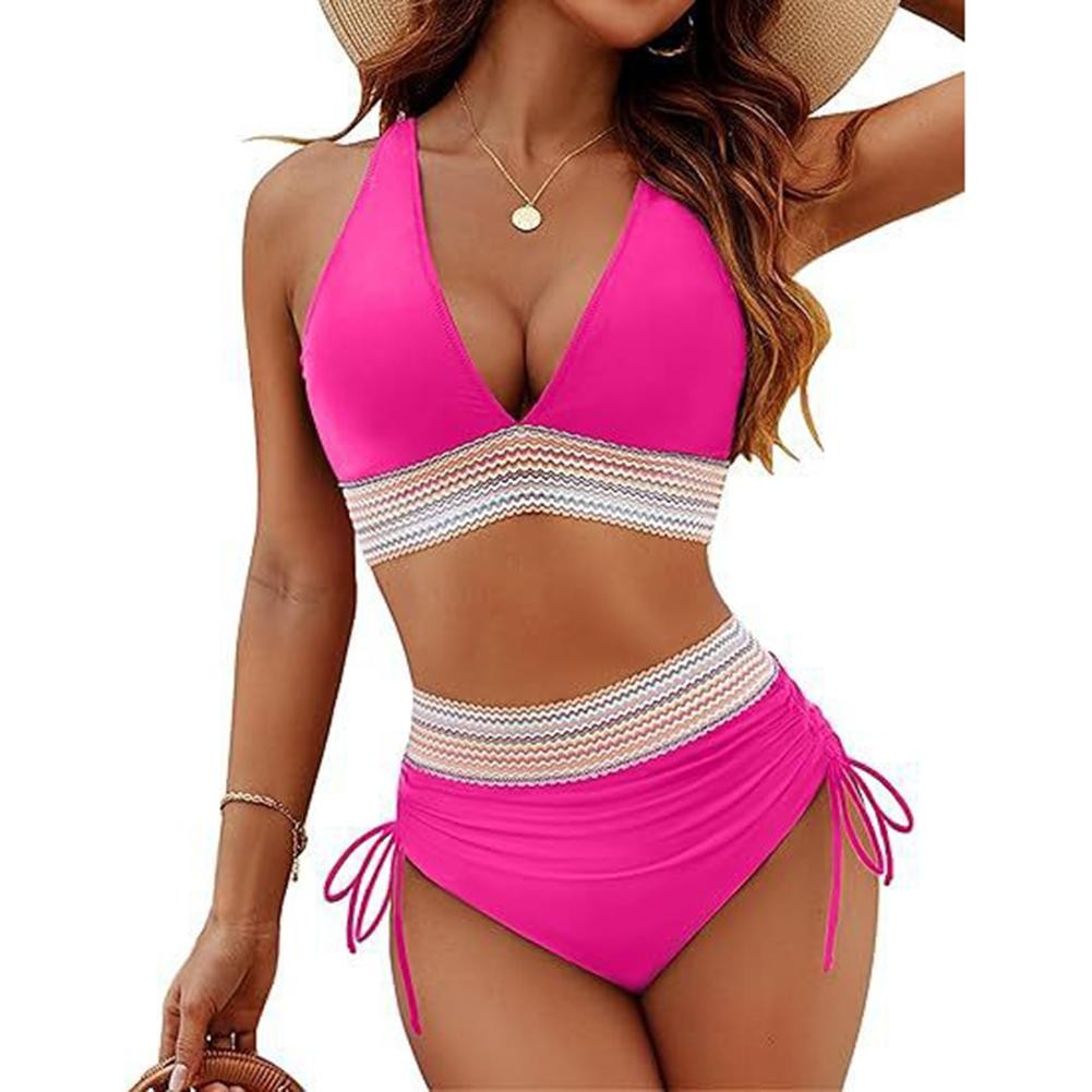 Playful High Waisted Bikini Swimsuit with Color Block Pattern for Women - Picture 7 of 9