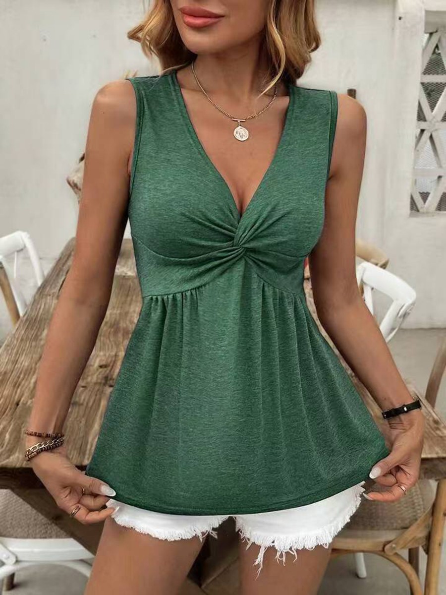 Comfortable Womens Sleeveless Top with Ruched V Neck and A Line Design - Picture 41 of 59