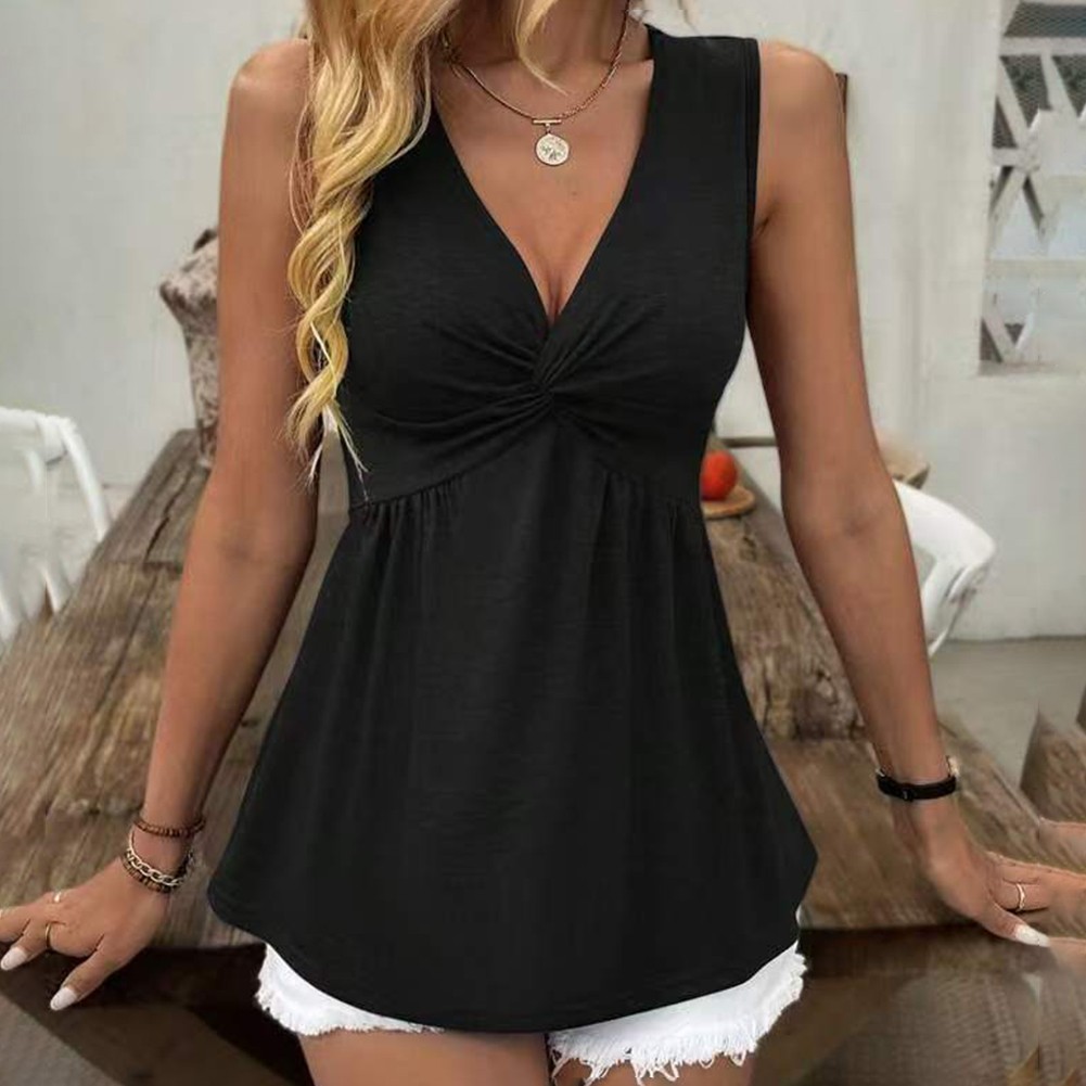 Comfortable Womens Sleeveless Top with Ruched V Neck and A Line Design - Picture 24 of 59
