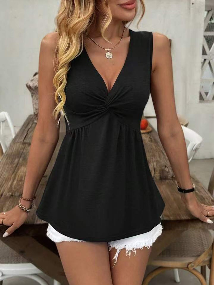 Comfortable Womens Sleeveless Top with Ruched V Neck and A Line Design - Picture 25 of 59