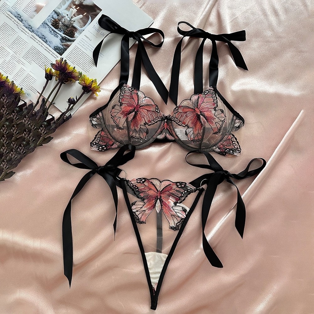 Set Farfalla Ricamata per Donna Trendy Reggiseno a Rete Trasparente e Intimo - Foto 13 di 16