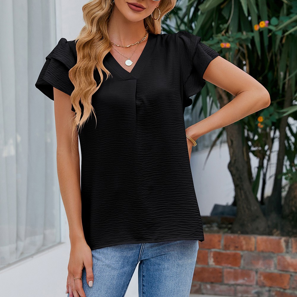 Women Casual V Neck Chiffon Blouse with Flutter Sleeves Perfect for Vacation - Picture 70 of 84