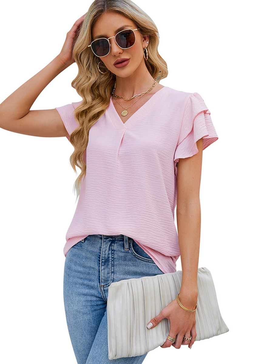 Womens Chiffon V Neck Blouse Flutter Sleeve Top for Casual Summer Wear - Picture 42 of 84