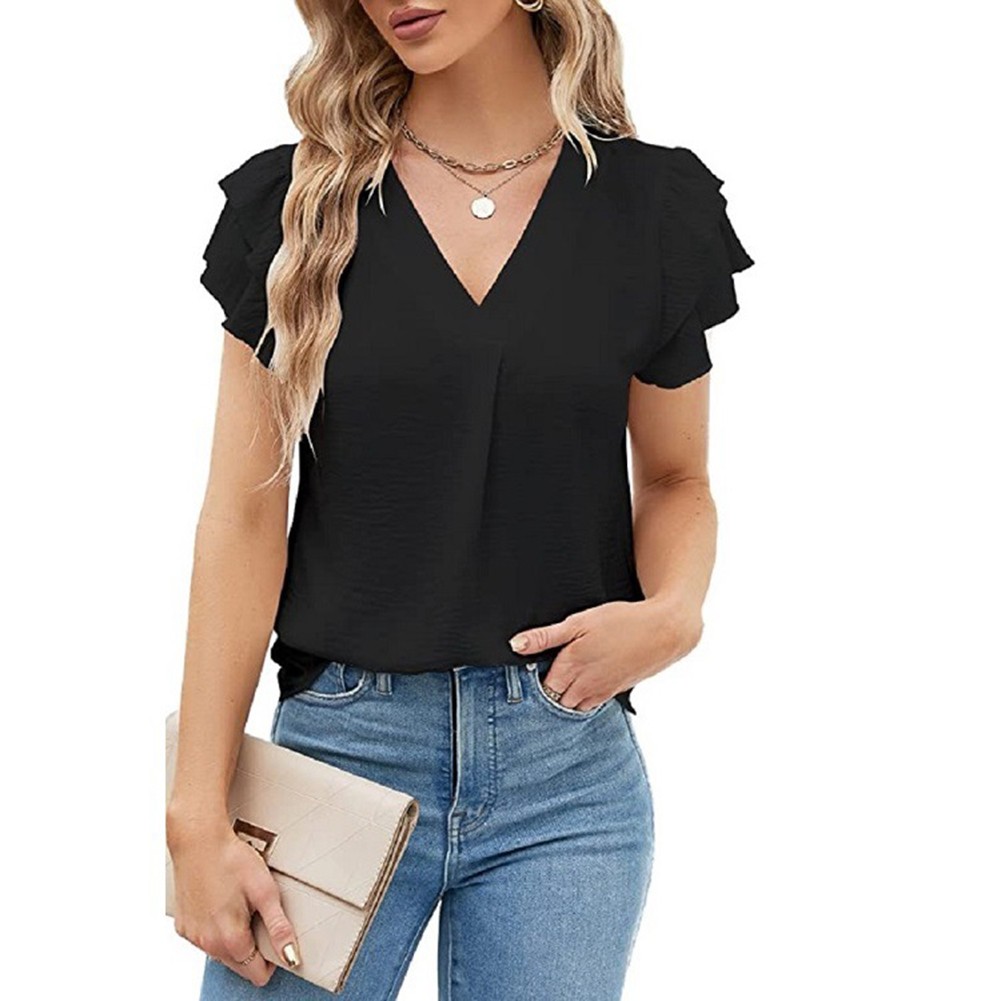 Women Casual V Neck Chiffon Blouse with Flutter Sleeves Perfect for Vacation - Picture 61 of 84