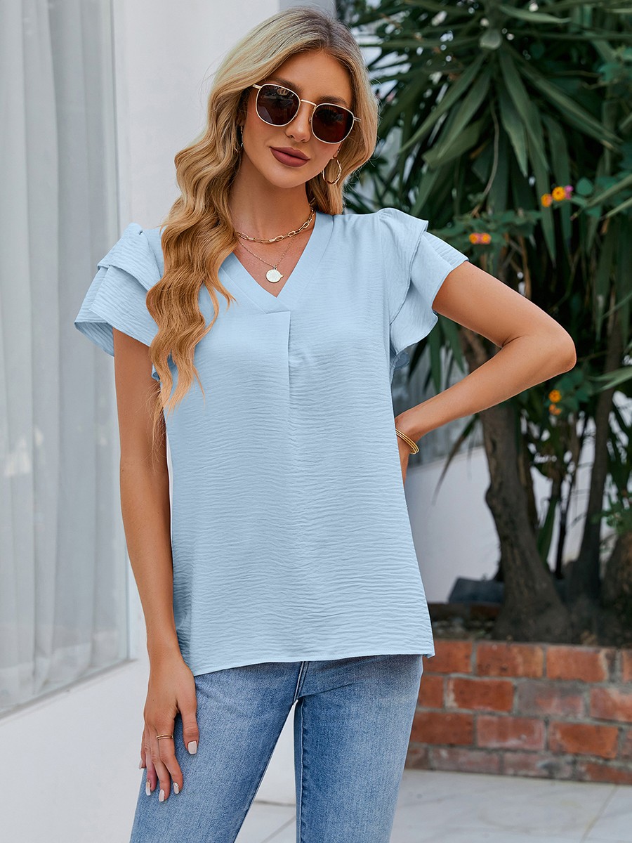 Women Casual V Neck Chiffon Blouse with Flutter Sleeves Perfect for Vacation - Picture 31 of 84
