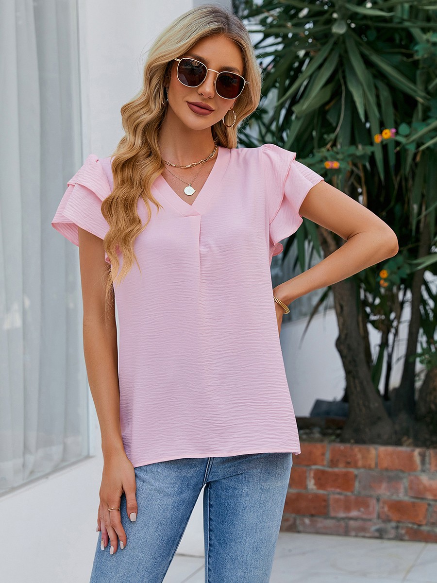 Women Casual V Neck Chiffon Blouse with Flutter Sleeves Perfect for Vacation - Picture 42 of 84