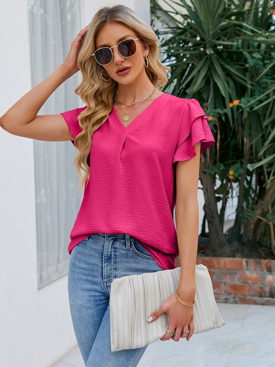 Lightweight Women's Chiffon Top with V Neck and Flutter Sleeves for Vacation - Picture 16 of 72