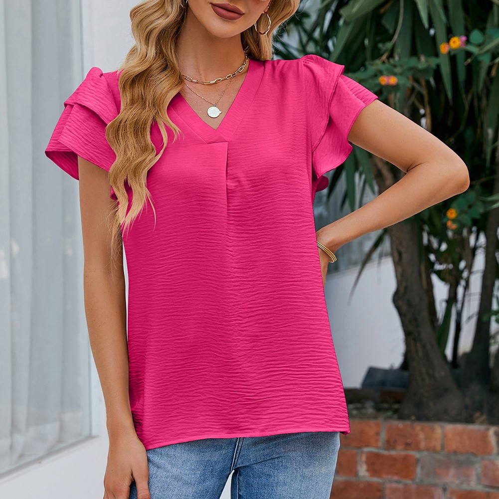 Lightweight Women's Chiffon Top with V Neck and Flutter Sleeves for Vacation - Picture 23 of 72