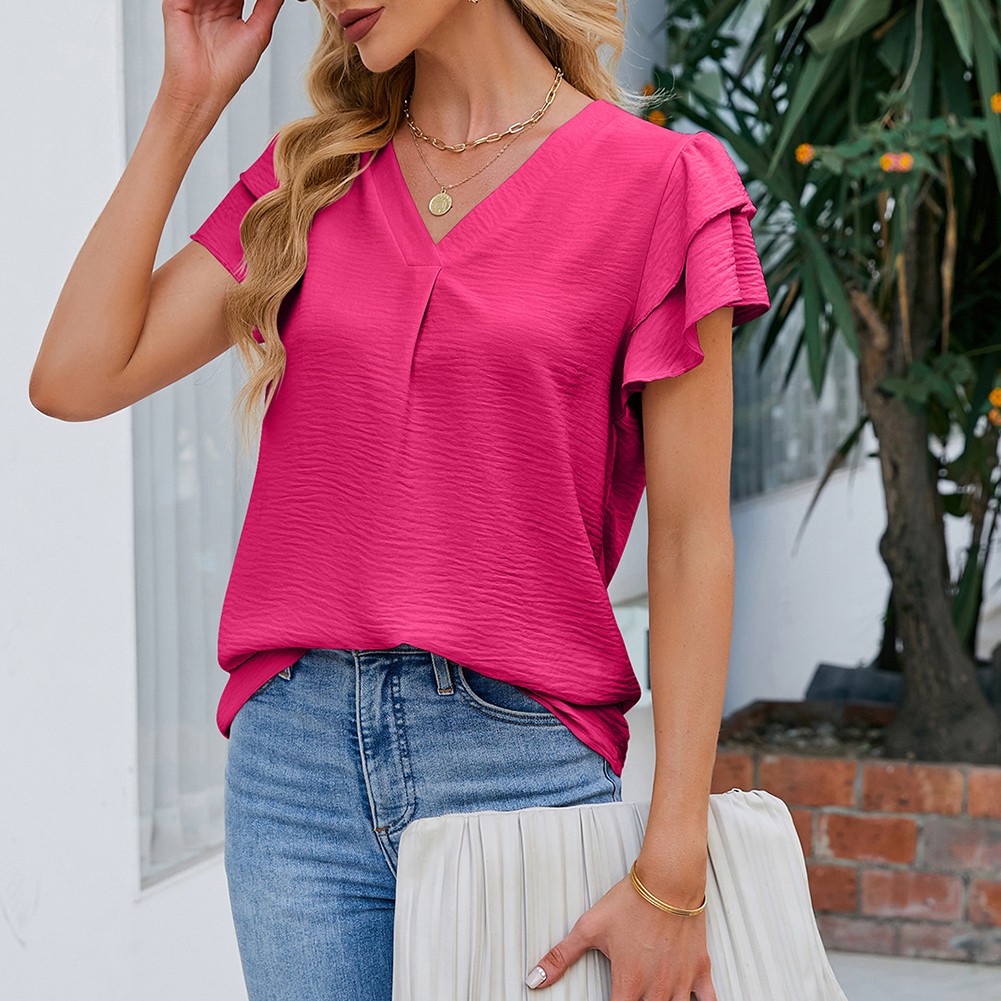 Lightweight Women's Chiffon Top with V Neck and Flutter Sleeves for Vacation - Picture 21 of 72