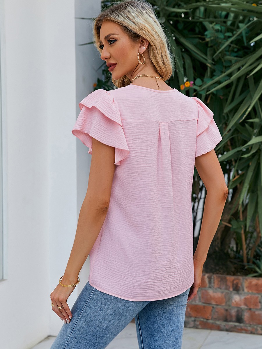 Womens Chiffon V Neck Blouse Flutter Sleeve Top for Casual Summer Wear - Picture 43 of 84