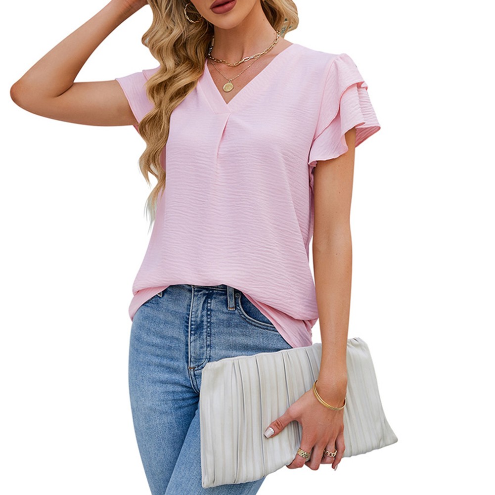 Women Casual V Neck Chiffon Blouse with Flutter Sleeves Perfect for Vacation - Picture 37 of 84