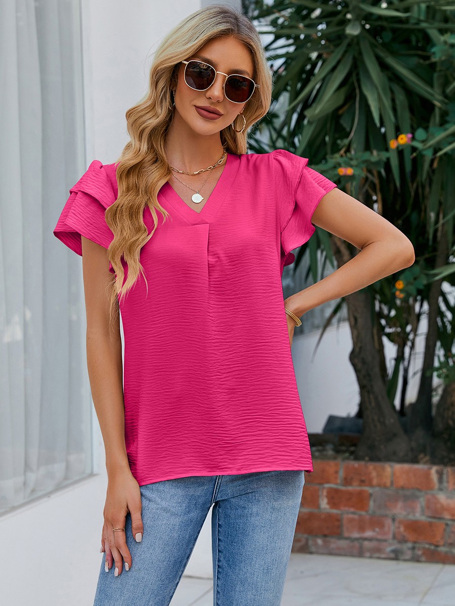 Lightweight Women's Chiffon Top with V Neck and Flutter Sleeves for Vacation - Picture 17 of 72